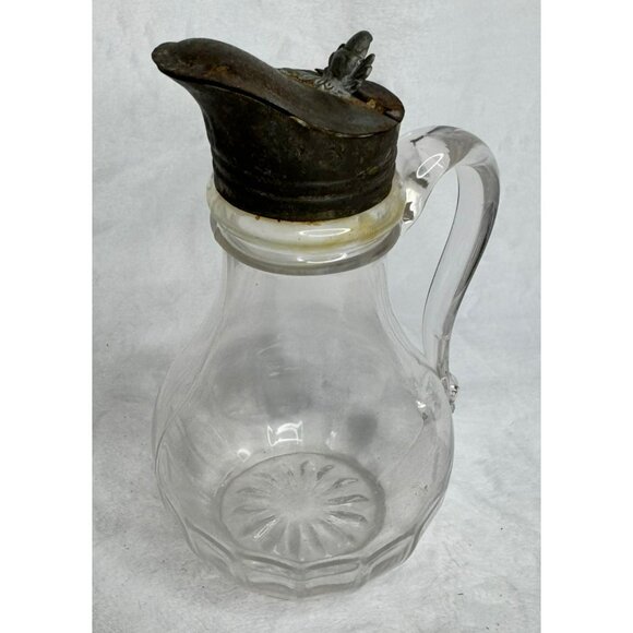 Antique Victorian Glass Pitcher With Ornate Metal Lid & Handle - Picture 1 of 11